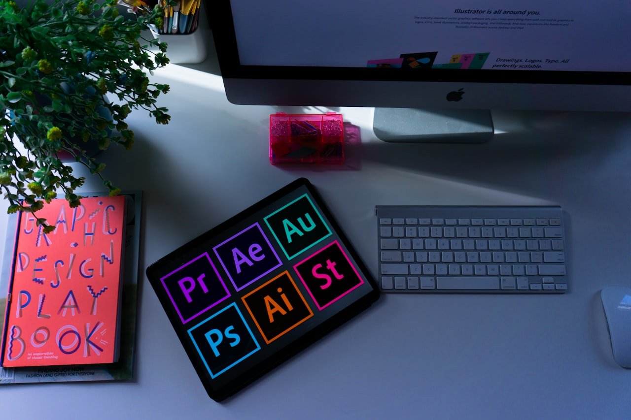 Brand identity design workspace with color swatches and logo concepts